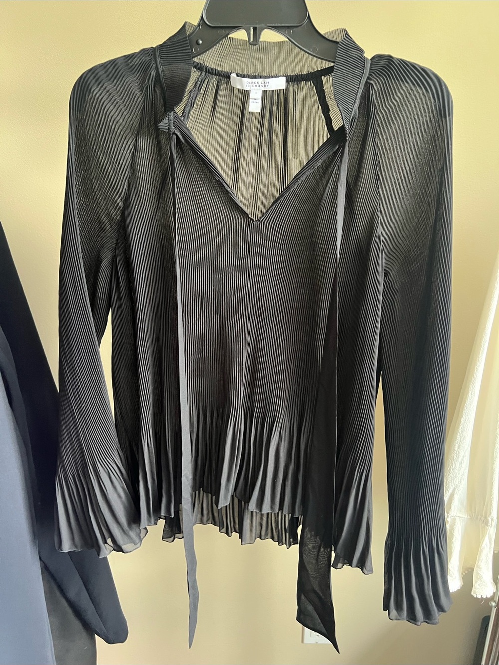 Derek Lam Black Pleated V-Neck Long-Sleeve Blouse with Tie